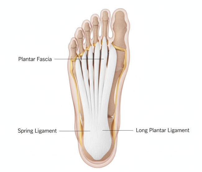 3D diagram of plantar fascia and major foot ligaments from underside view