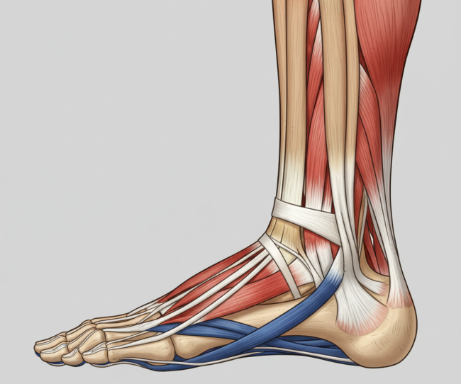 Illustration of Achilles tendon attaching to calcaneus, dorsum extensors lifting toes, and 4-layer plantar muscles supporting the arch.