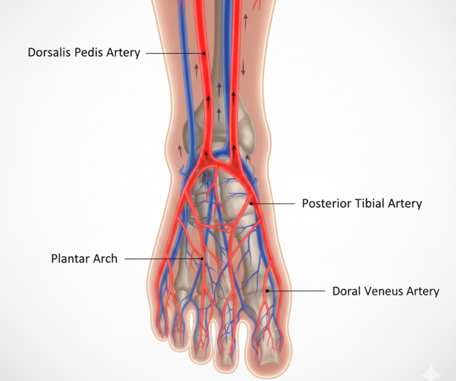 Detailed diagram of arterial and venous blood supply in the foot