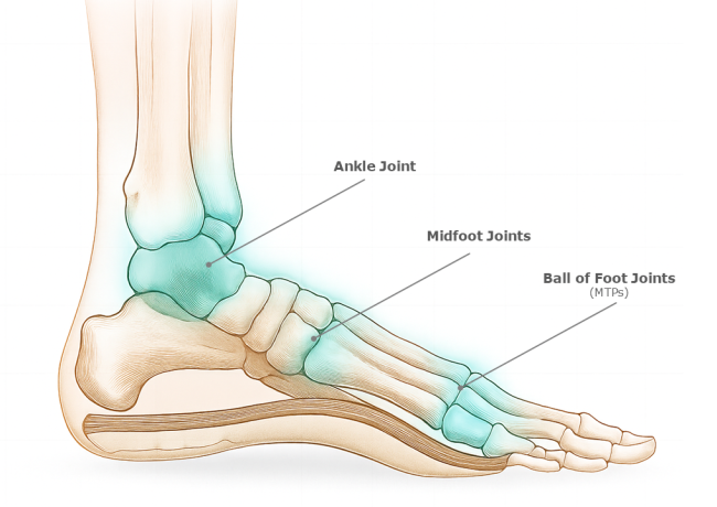 Major foot joints with movement directions clearly marked