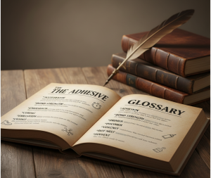 Vintage open book illustration of adhesive glossary highlighting key terms like accelerator, adhesion, and bond strength, with icons of glue tubes, shoe soles, and molecular structures.