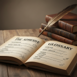 Vintage open book illustration of adhesive glossary highlighting key terms like accelerator, adhesion, and bond strength, with icons of glue tubes, shoe soles, and molecular structures.