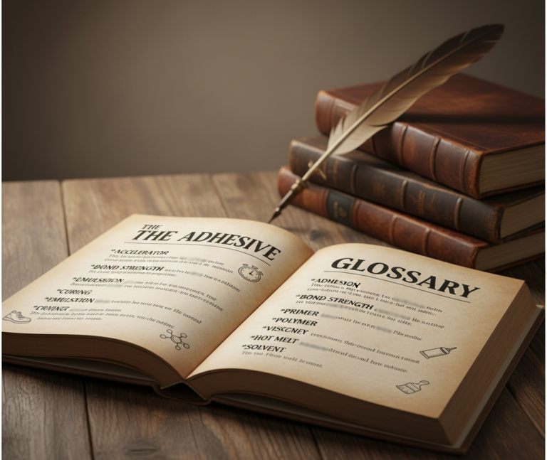 Vintage open book illustration of adhesive glossary highlighting key terms like accelerator, adhesion, and bond strength, with icons of glue tubes, shoe soles, and molecular structures.
