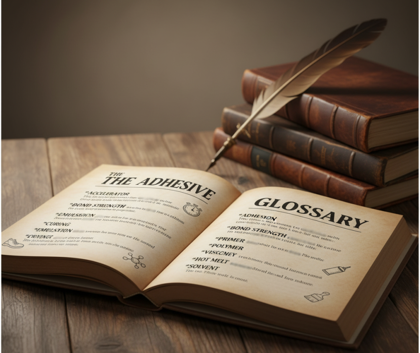 Vintage open book illustration of adhesive glossary highlighting key terms like accelerator, adhesion, and bond strength, with icons of glue tubes, shoe soles, and molecular structures.