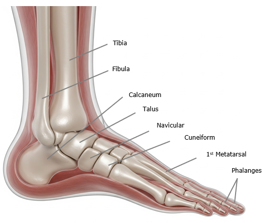 Labeled diagram of foot bones: 7 tarsals (calcaneus, talus, etc.), 5 metatarsals, 14 phalanges, and 2 sesamoid bones under big toe.