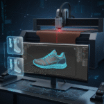 Futuristic CAD shoe pattern making workspace with 3D last and CNC cutter