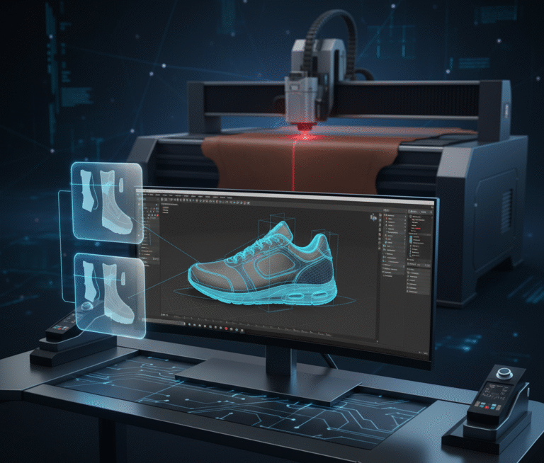 Futuristic CAD shoe pattern making workspace with 3D last and CNC cutter