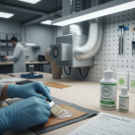 A photorealistic image of a modern workshop with gloved hands applying toluene-free adhesive to materials under LED lights, displaying REACH labels, safety data sheets listing TLVs, ventilation systems, and acetone solvent icons, with organized tools and green certifications.