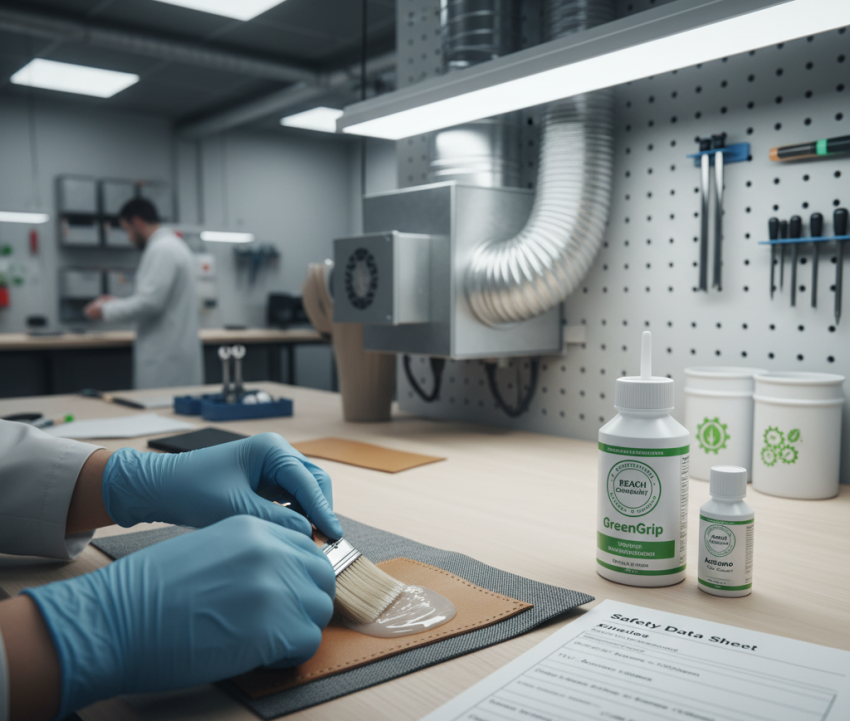 A photorealistic image of a modern workshop with gloved hands applying toluene-free adhesive to materials under LED lights, displaying REACH labels, safety data sheets listing TLVs, ventilation systems, and acetone solvent icons, with organized tools and green certifications.