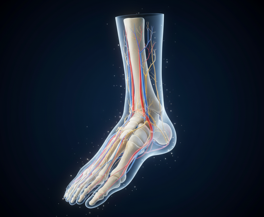 Featured illustration of foot anatomy highlighting ligaments, blood vessels, and nerves in a glowing 3D style
