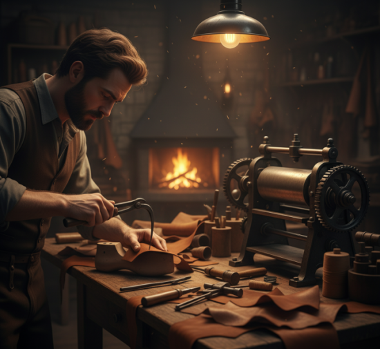 19th-century workshop with a shoemaker using an awl and pincer beside a rolling machine, surrounded by leather scraps and tools