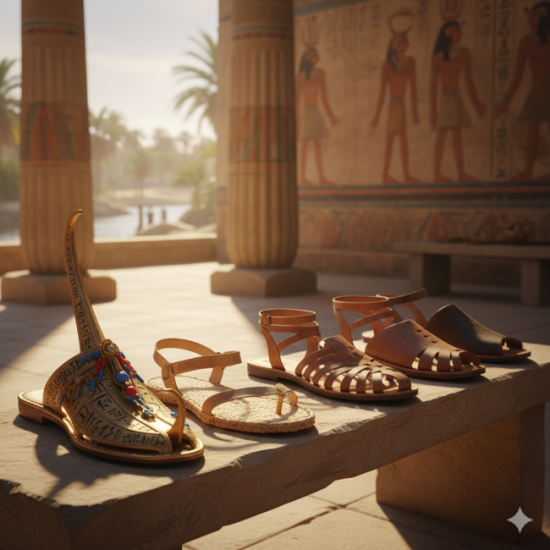 Egyptian palace courtyard with a Pharaoh’s peaked sandal, commoner’s papyrus sandal, Greek Krepis, and Pedila on a stone bench
