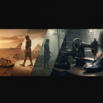 Timeline montage of footwear history from rawhide sandals to Oxford boots, blending prehistoric and industrial styles