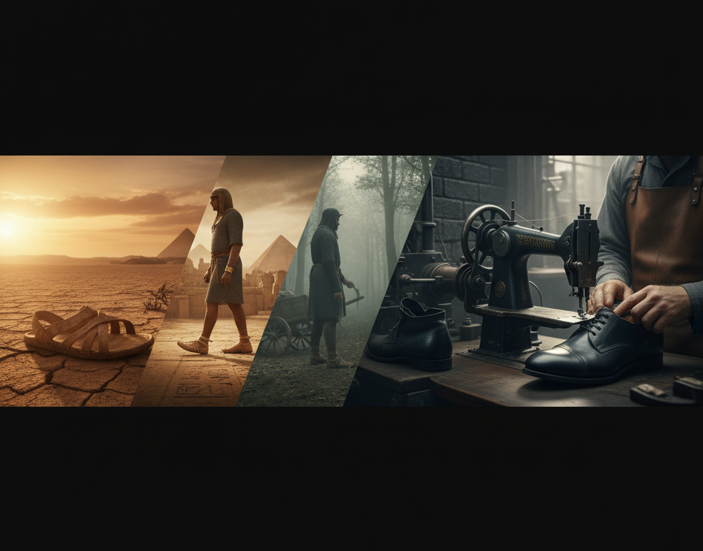 Timeline montage of footwear history from rawhide sandals to Oxford boots, blending prehistoric and industrial styles
