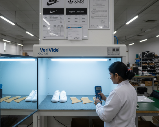 Footwear factory QC inspector measuring D65 lux level (1340 lx) inside professional light booth during final colour approval