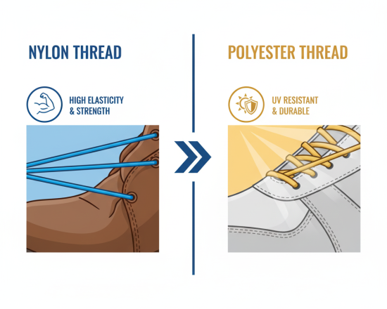 Visual comparison of nylon and polyester footwear stitching threads properties