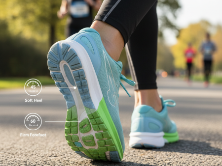 Dual-density midsole hardness zones in running shoe