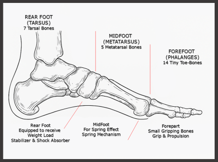 Detailed foot section diagram highlighting rearfoot, midfoot, and forefoot anatomy.