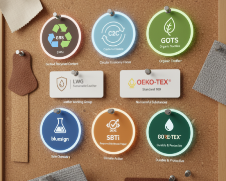 Collection of sustainability certifications and eco-labels for materials.