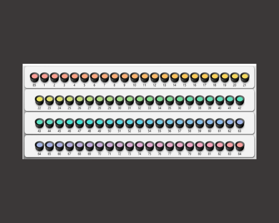 Farnsworth-Munsell 100 Hue Test trays with colored caps arranged in gradient order