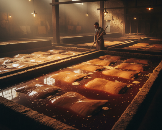 Vegetable tanning vats with bark extract