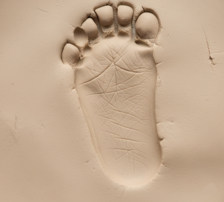 Infant footprint at birth showing wide toe spread, no visible arch, and soft cartilage structure