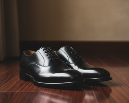 Black leather Oxford shoes on a wooden floor