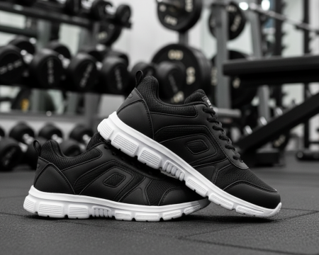 Cross-trainer gym shoes on mat