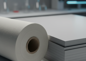 Rolls of collagen-coated canvas next to PVC samples in a lab.