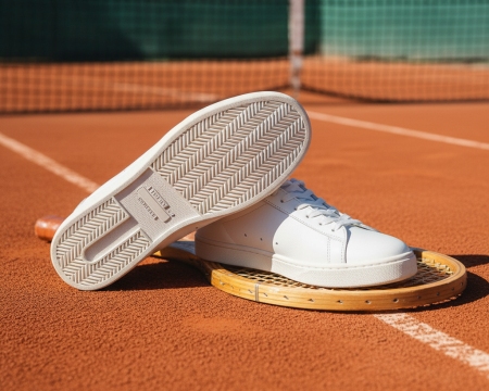 Tennis shoes on clay court