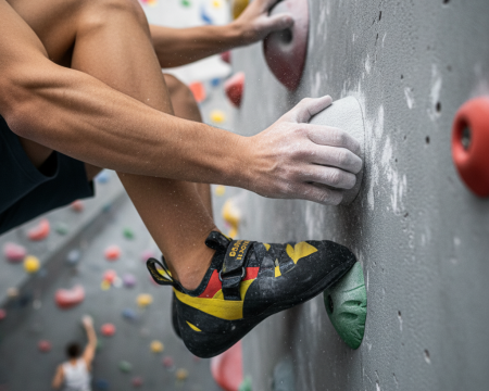Climbing shoes on rock wall