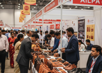 Buyers examining leather goods at a Kolkata trade fair