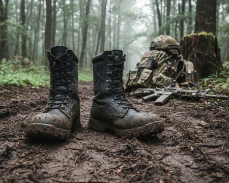 Combat boots on trail.