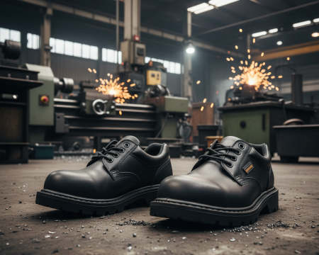 Steel-toe safety shoes in factory.