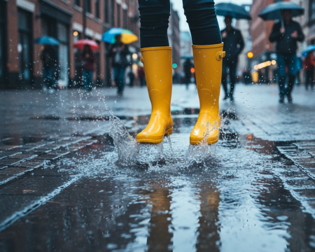 Yellow rain boots in puddles