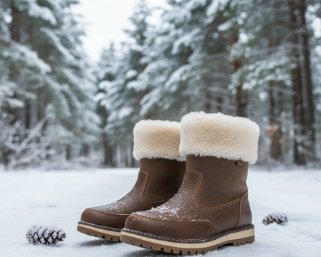 Fur-lined winter boots on snow.