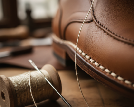 Goodyear welt stitching process with heavy-duty threads on boot outsole