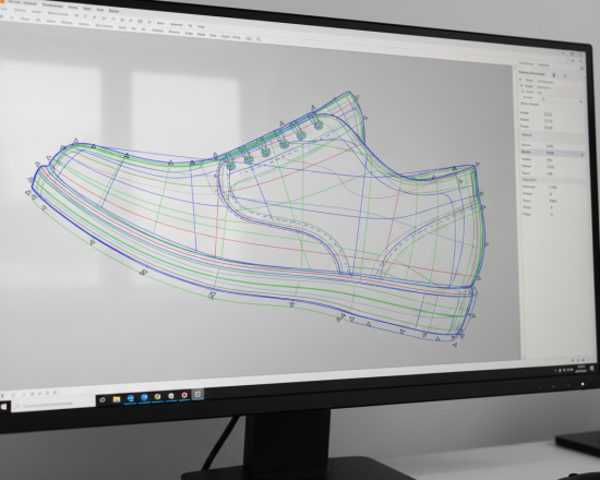Close-up of 2D pattern engineering in professional footwear CAD software