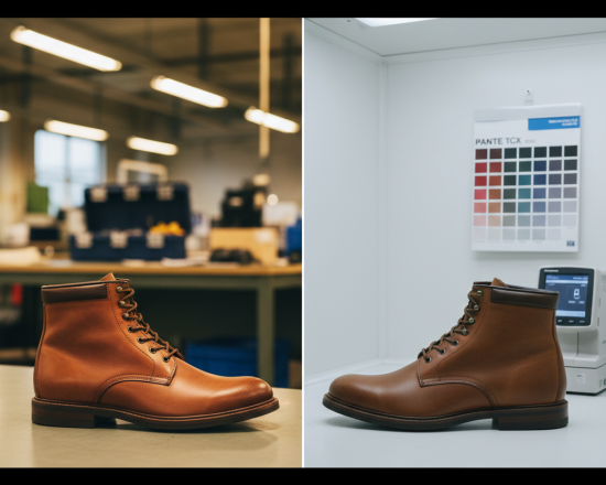 Same leather boot under wrong lighting (left) vs correct D65 daylight (right)