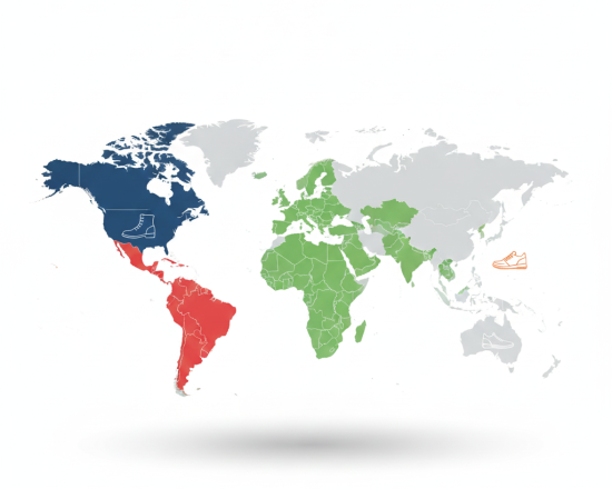 World map colour-coded to show main shoe sizing systems by country (UK, US, EU, Mondopoint)