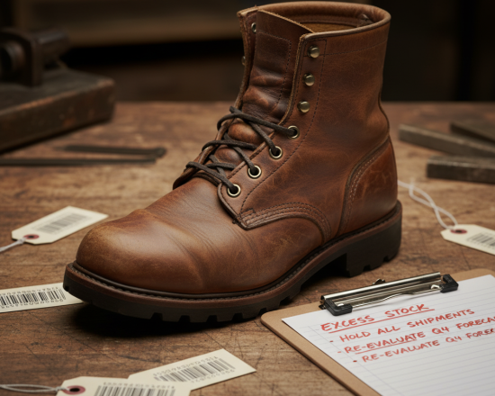 Footwear & Leather Stock Pulse: Leather boot with excess inventory tags symbolizing DECK’s -15% drop