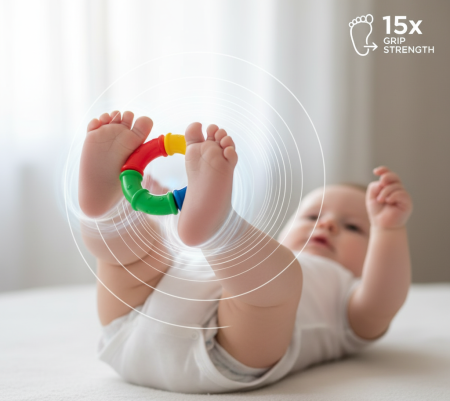 Baby grasping toy with toes demonstrating 15x adult grip strength and full toe spread