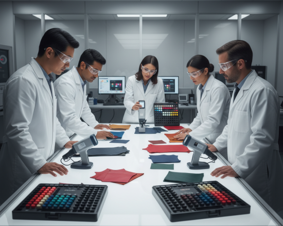 Diverse team of footwear QC professionals reviewing dye samples with FM-100 tools