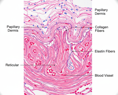 istological slide view of dermis zones and textures in anatomy of skin for leather production.