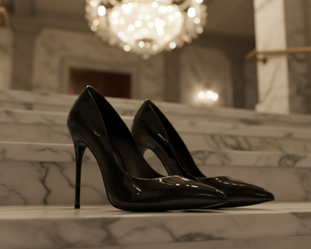 Black patent pumps on marble steps