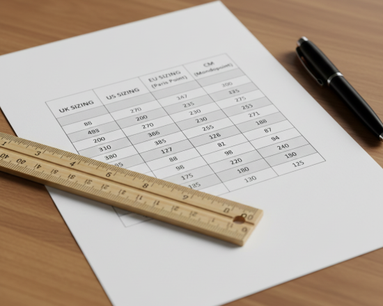 Printed shoe size conversion chart showing UK, US, EU and centimetre sizes on a table