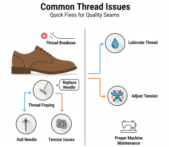 Infographic of troubleshooting tips for footwear stitching thread problems