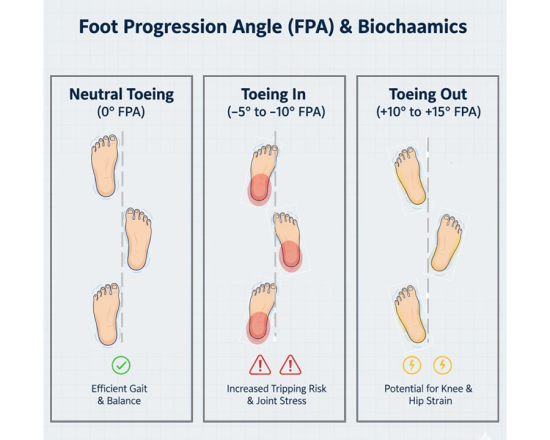 Tri-panel infographic showing straight-ahead, toeing in, and excessive toeing out stances with color-coded efficiency and risk indicators.
