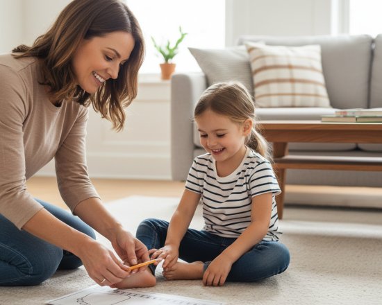 Mother measuring her young daughter’s foot with a paper foot gauge at home