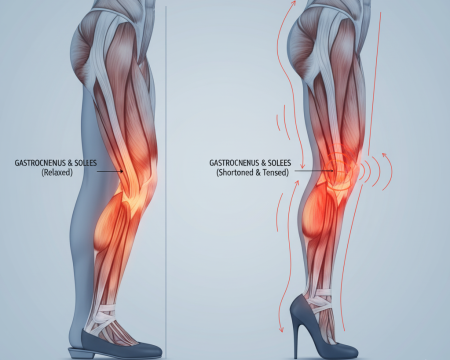 Anatomical side-by-side showing relaxed calves in flat shoes vs. shortened, tensed calves in high heels with strain indicators
